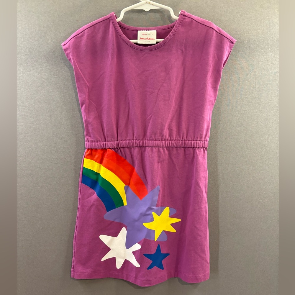 Hanna Andersson girls purple dress short sleeve rainbow appliqué size 6-7